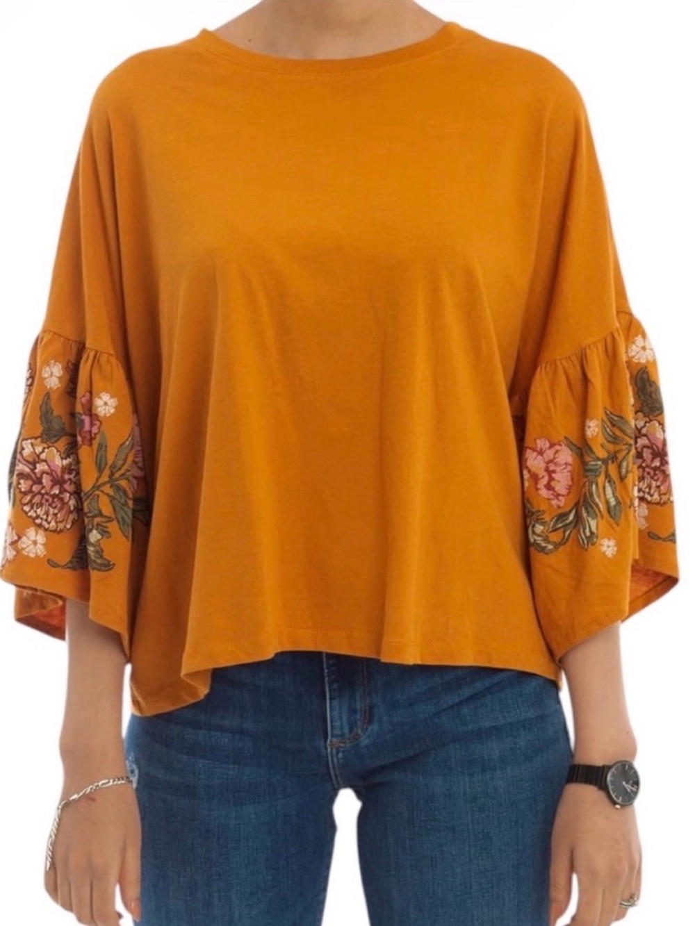 BERSHKA ASOS Bohemian Cottagecore Mustard Yellow Floral Flare Bell Sleeve Top M